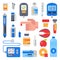 Diabetes vector medical care to diabetic and finger with blood drop for testing glucose sugar illustration set of