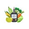 Diabetic blood tester or glucose meter and healthy food, flat vector illustration.