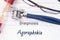 Diagnosis Agoraphobia. Psychiatric diagnosis Agoraphobia is written on paper, on which lay stethoscope and hourglass for measuring