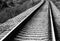 Diagonal black and white railroad track