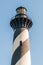 Diagonal black and white stripes mark the Cape Hatteras lighthouse at its new location near the town of Buxton on the Outer Banks