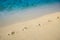 Diagonal footprints on sand beach with sea edge line