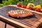 diagonal lined grill marked salmon steak on a wooden board