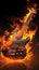 Diagonal orange bass guitar, blazing flames, intense rock metal vibe