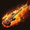 Diagonal orange bass guitar, blazing flames, intense rock metal vibe