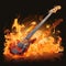 Diagonal orange bass guitar, blazing flames, intense rock metal vibe