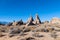 Diagonal rock formations and sage in the Alabama Hills of California, USA