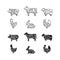 Diagrams for butcher shop. Meat cuts. Animal silhouette, pig, co