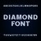 Diamond alphabet font. Brilliant letters symbols and numbers.