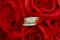 Diamond cluster wedding ring set on red roses