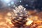 diamond dust on a pinecone with a soft sunlit background
