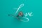 A diamond engagement ring as the letter `O` in the handwritten word LOVE on tiffany blue background