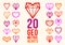 Diamond and gemstone facetted hearts vector icons or logos set, collection of low poly polygonal hearts, jewelry symbol concept,