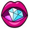Diamond in open female mouth. Fashion woman sticker