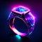 Diamond ring. Jewelry background. 3D rendering. Neon lights. AI Generated