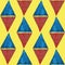 Diamond shaped blue and red watercolor triangles. Abstract geometric vector seamless pattern on bright yellow background