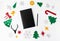 Diary christmas composition. christmas decor and colorful handcrafted cutouts on white background. flat lay top view.