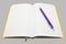 Diary in yellow cover with a purple ballpoint pen in the middle on a gray background