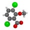 Dicamba herbicide molecule. 3D rendering.  Used in weed control. Atoms are represented as spheres with conventional color coding: