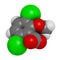 Dicamba herbicide molecule. 3D rendering.  Used in weed control. Atoms are represented as spheres with conventional color coding: