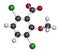 Dicamba herbicide molecule. Used in weed control. Atoms are represented as spheres with conventional color coding: hydrogen (white