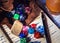 Dice bag filled with multicolor dice