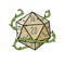 Dice d20 for playing Dnd. Dungeon and dragons board game. Cartoon outline drawn illustration. Green plant with thorn