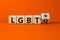 Dice form the acronyms `LGBTQ` and `LGBT+`. Male hand. Beautiful orange background. Concept, copy space