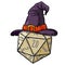 Dice for playing DnD. Tabletop role-playing game Dungeon and dragons with d20. Magical role of sorcerer with witch hat.