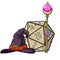 Dice for playing DnD. Tabletop role-playing game Dungeon and dragons with d20. Magical role of sorcerer with witch hat.