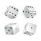 Dice - realistic white cubes with random numbers of black dots or pips and rounded edges. Vector game cubes isolated