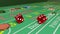 Dice rolling in the craps game on a table with chips. 3d animation