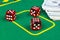 Dice rolls on a dollar bills Money. Green Poker table at the casino. Poker game concept. Playing a game with dice. Casino dice
