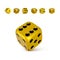 Dice. Set of 3d golden or yellow craps with black dots. Play casino and win jackpot. Vector