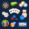 Dice, snooker, casino games, cards and other popular entertainments. Vector icon set