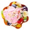 diced fruits in waffle cone bowl with pink whipped cream and nuts decorated maraschino cherry is isolated on white