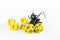Dices for rpg, board or tabletop games, miniature figure of a skeleton in cloak holding a scythe