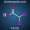 Dichloroacetic acid DCA, bichloroacetic acid BCA, C2H2Cl2O2 molecule. Structural chemical formula on the dark blue background