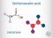 Dichloroacetic acid DCA, bichloroacetic acid BCA, C2H2Cl2O2 molecule. Structural chemical formula and molecule model. Sheet of