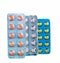 Diclofenac in blister pack isolated on white background. Drug with round and triangle shaped in pack. Film coated tablets.