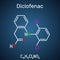 Diclofenac molecule, is a nonsteroidal anti-inflammatory drug NSAID drug. Structural chemical formula on the dark blue background