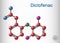 Diclofenac molecule, is a nonsteroidal anti-inflammatory drug NSAID drug. Structural chemical formula and molecule model.  Sheet