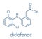 Diclofenac pain and inflammation drug NSAID molecule. Skeletal formula.