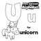 Didactic Alphabet to Color it, with Letter U and Unicorn, Vector Illustration