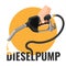 Diesel pump promotional logotype with fuel nozzle and yellow circle