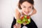 Diet. Beautiful Young Woman Eating Vegetable Salad