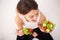 Diet. Cheerful woman eating vegetable salad.