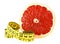 Diet concept: slice of grapefruit and measuring tape on white background