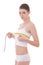 Diet concept - smiling woman with beautiful body measuring her b