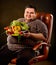 Diet fat man eating healthy food. Healthy breakfast with vegetables.